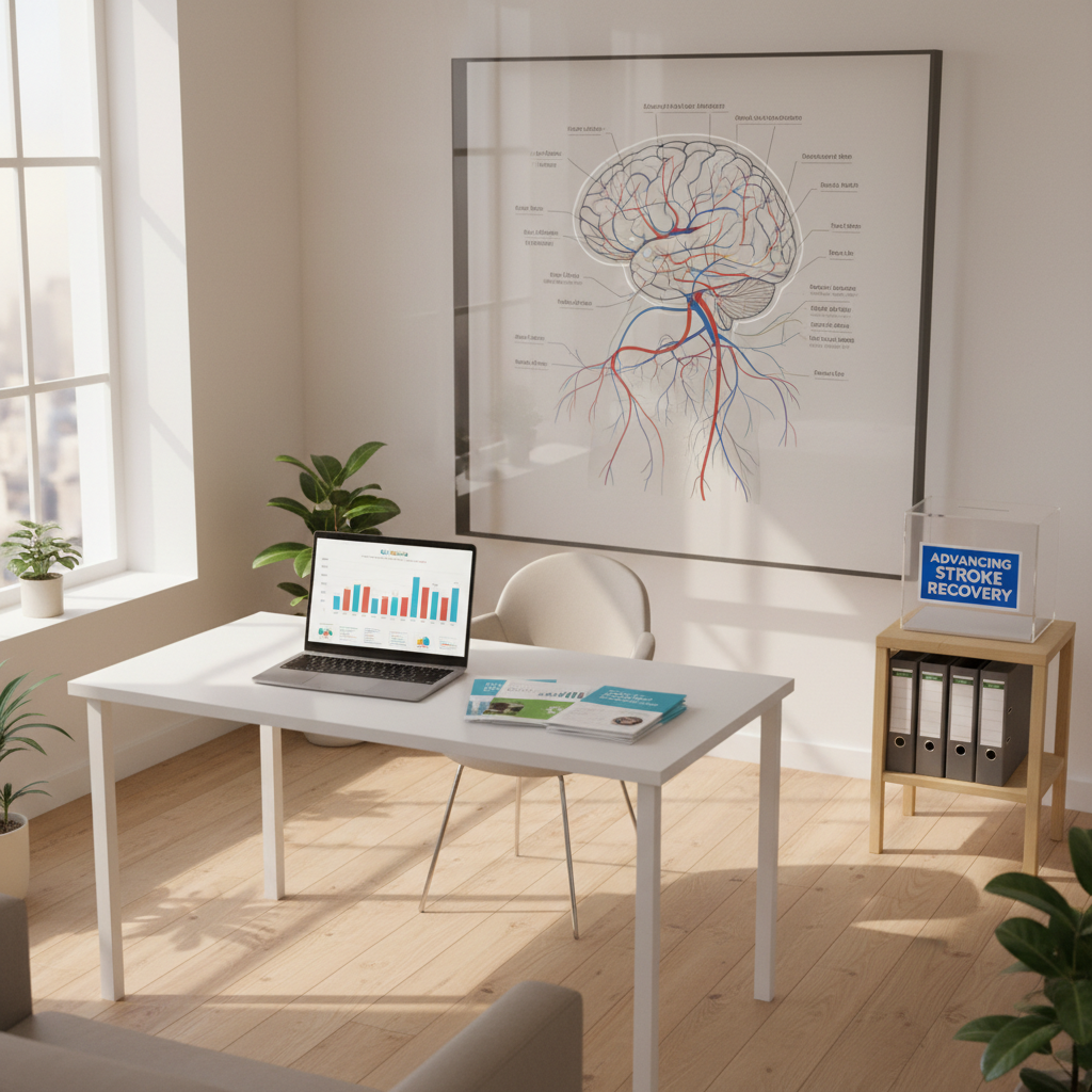 A bright, modern nonprofit office dedicated to stroke recovery programs, with a central white desk holding a slim laptop displaying charts of rehabilitation outcomes, next to a stack of neatly printed educational brochures about post-stroke care. On the wall behind the desk hangs a large framed infographic of the brain’s blood vessels and recovery pathways. A donation box labeled “Advancing Stroke Recovery” sits on a side table along with neatly organized grant folders. Natural daylight streams in from a side window, illuminating the room with a soft, optimistic glow. Captured in photographic realism from a slightly elevated, wide-angle perspective, the image conveys transparency, professionalism, and organized impact-driven work.
