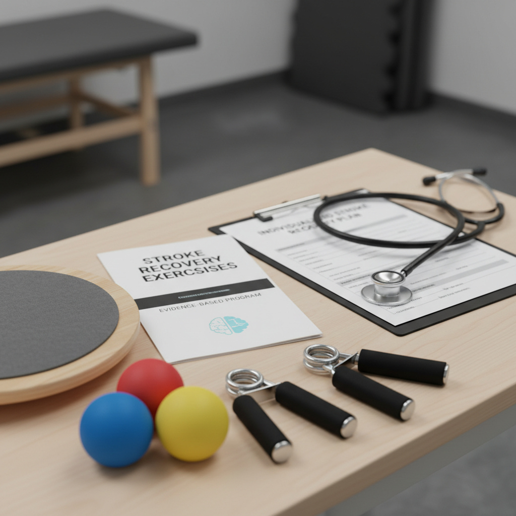 A close-up of a neatly arranged stroke recovery toolkit on a light wood rehabilitation table: color-coded foam therapy balls, a sturdy balance board, adjustable hand grip strengtheners, and a printed evidence-based exercise guide branded subtly with a small, simple heart-and-brain icon. A stethoscope and a clean clipboard with a stroke recovery plan lie nearby, their metal and paper textures clearly visible. Soft, diffused overhead lighting creates minimal shadows and a professional, clinical feel. Captured from a slightly elevated angle with shallow depth of field, the foreground tools are in sharp photographic focus while the background therapy room fades into a gentle blur, emphasizing preparedness, organization, and high-quality post-stroke care.