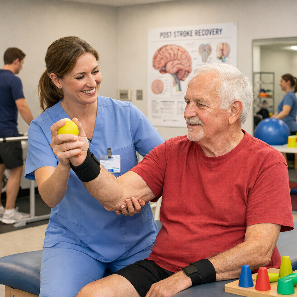 Therapist assisting elderly man with arm exercise using a yellow ball in stroke recovery session